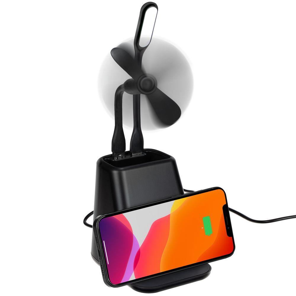 Настольный органайзер с зарядкой, лампой, вентилятором и подсветкой лого powerTower, черный Настольный органайзер с зарядкой, лампой, вентилятором и подсветкой лого powerTower, черный